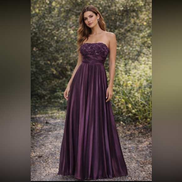 Dresses & Skirts - Vintage Plum Satin Pleated Gown Strapless Sequin Floral Bodice Maxi Formal size5